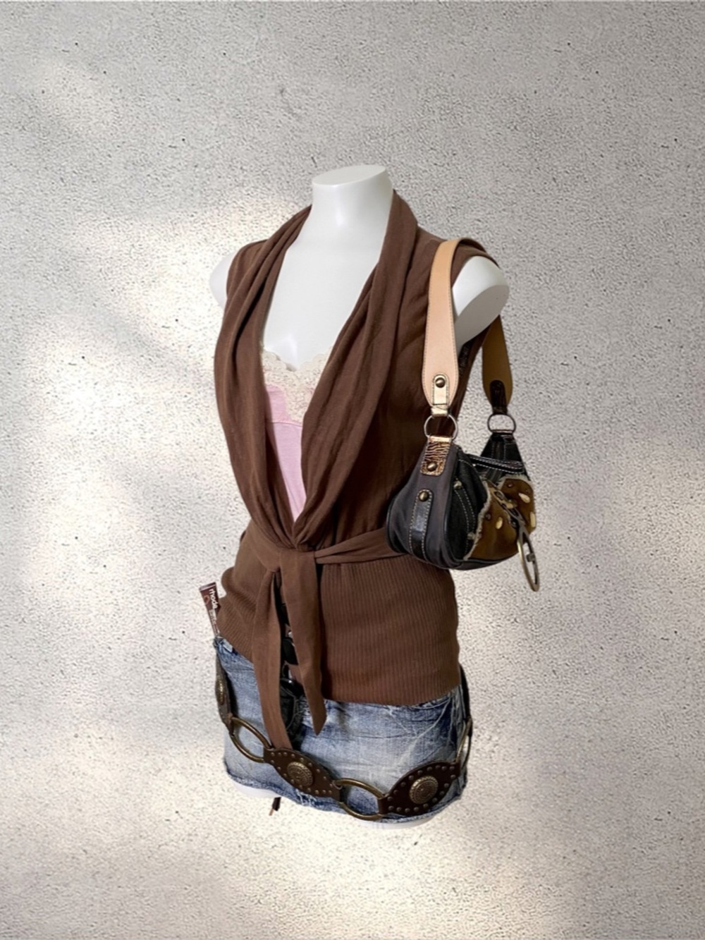 Kensie Sleeveless Brown Cardigan w/ Tie Waist & Shawl Collar - Picture 4 of 8